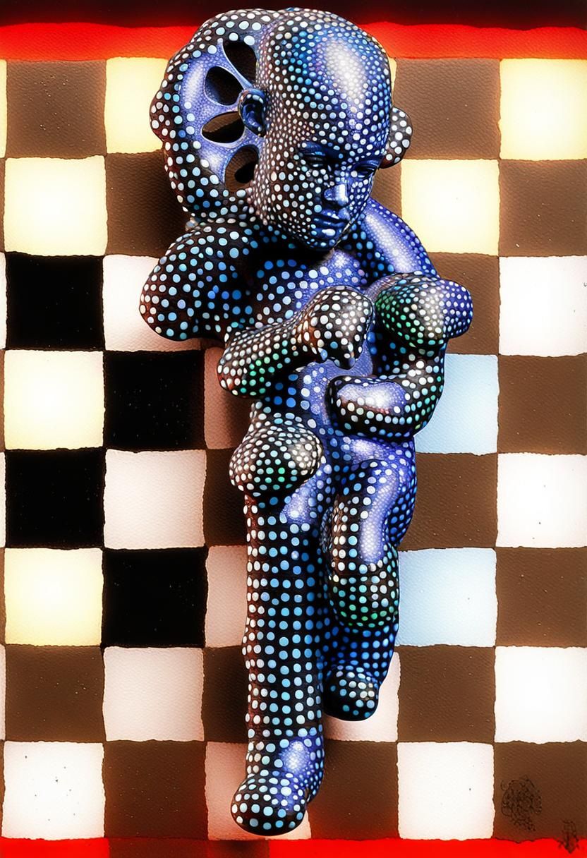 Psychedelic Angel Statuette on Checkered Chessboard