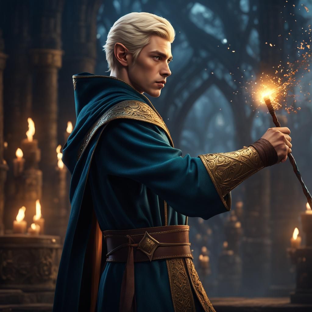 Young Half-Elf Wizard Casting Spell, Fantasy Art