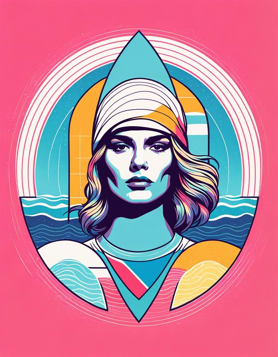Pastel Female Surfer Logo in Geometric Pop Art
