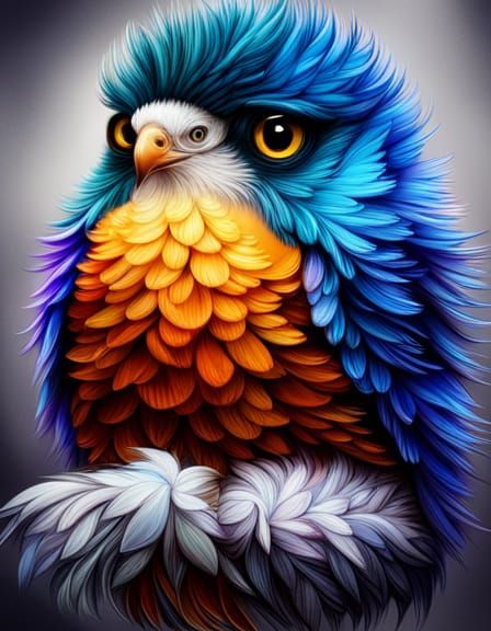 Cute Blue Bird with Fractal Flowers in Pixel Art