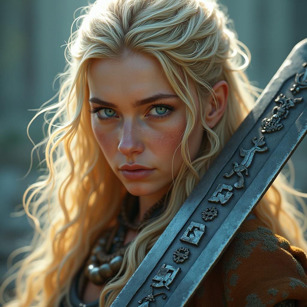 Viking Warrior Maiden with Sword, Hyper-Realistic Art