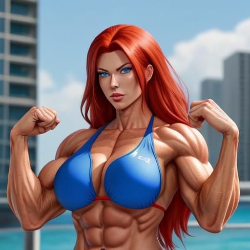 Giant Red-Haired Anime Woman Flexing