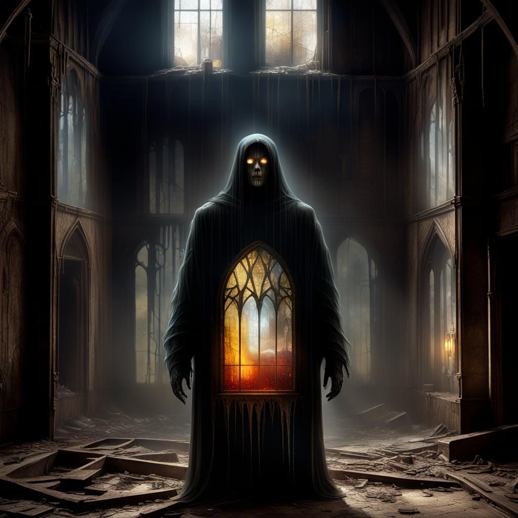 Ethereal Phantom in Decaying Gothic Architecture