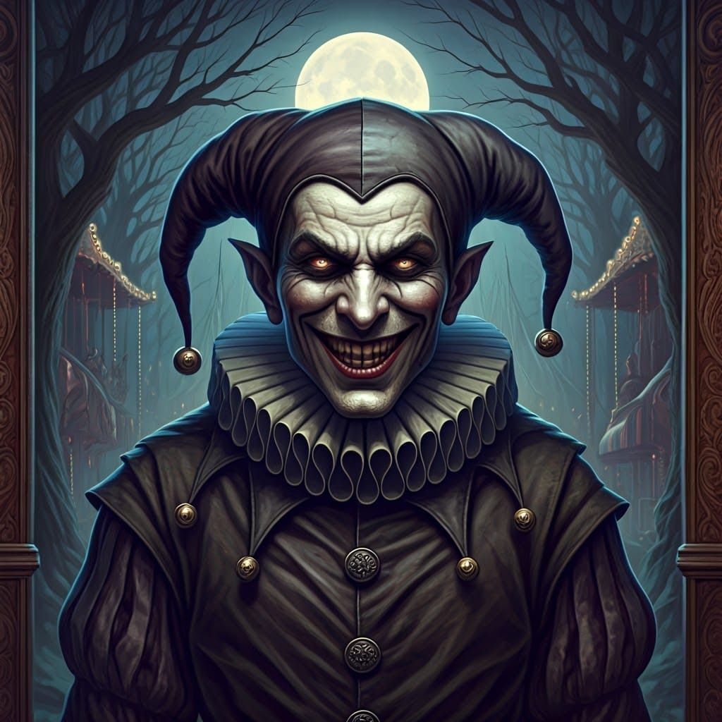 Grotesque Jester Laughs in Dark Surreal Carnival