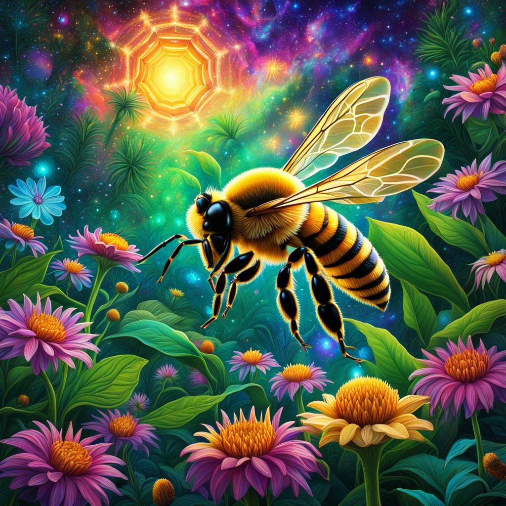 Honeybee in Lush Garden: Cosmic Illustration