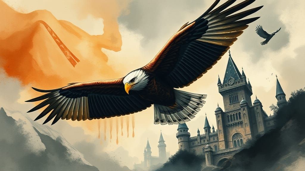 Eagle Soaring Through Dystopian Art Deco Landscape