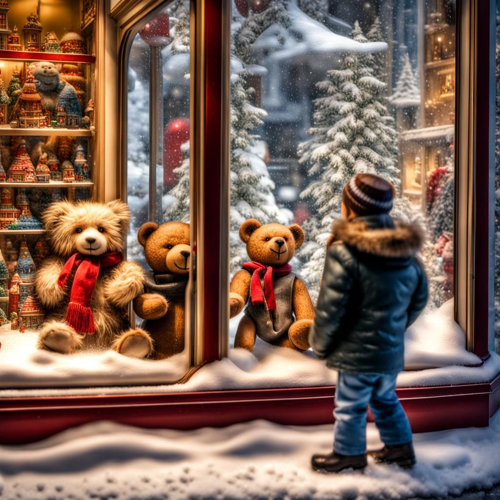 Toy Train and Teddy Bear Winter Window Display