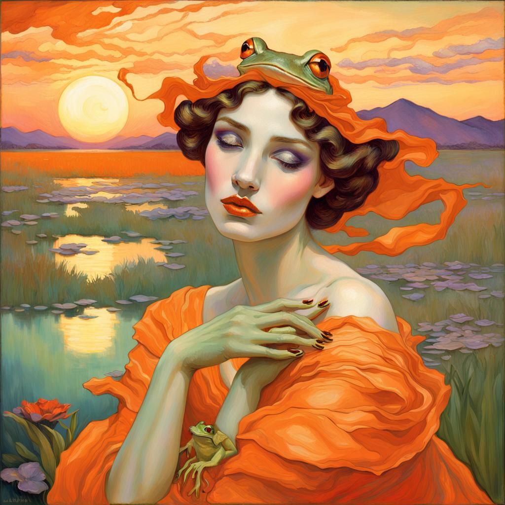 Woman and Frog in Dreamlike Impressionist Style