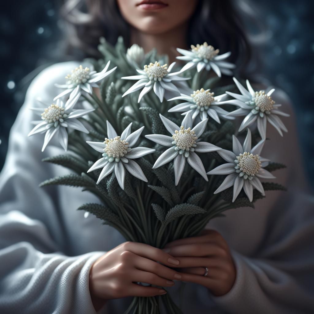 Woman Holding Silver Edelweiss Bouquet: 8k Resolution