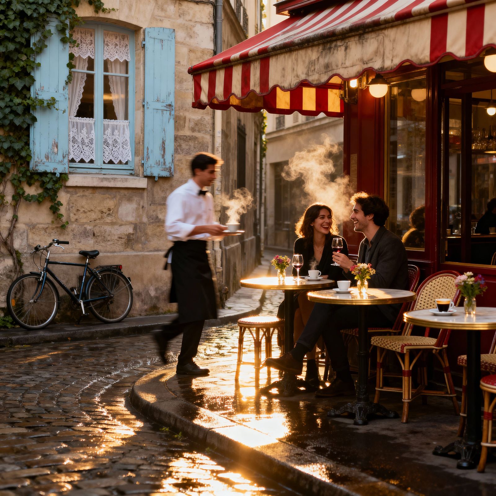 Cinematic Parisian Cafe Scene at Golden Hour