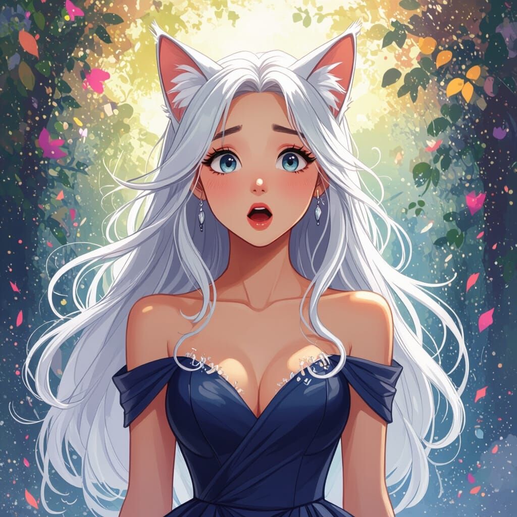 Girl with Feline Ears in Watercolor Style