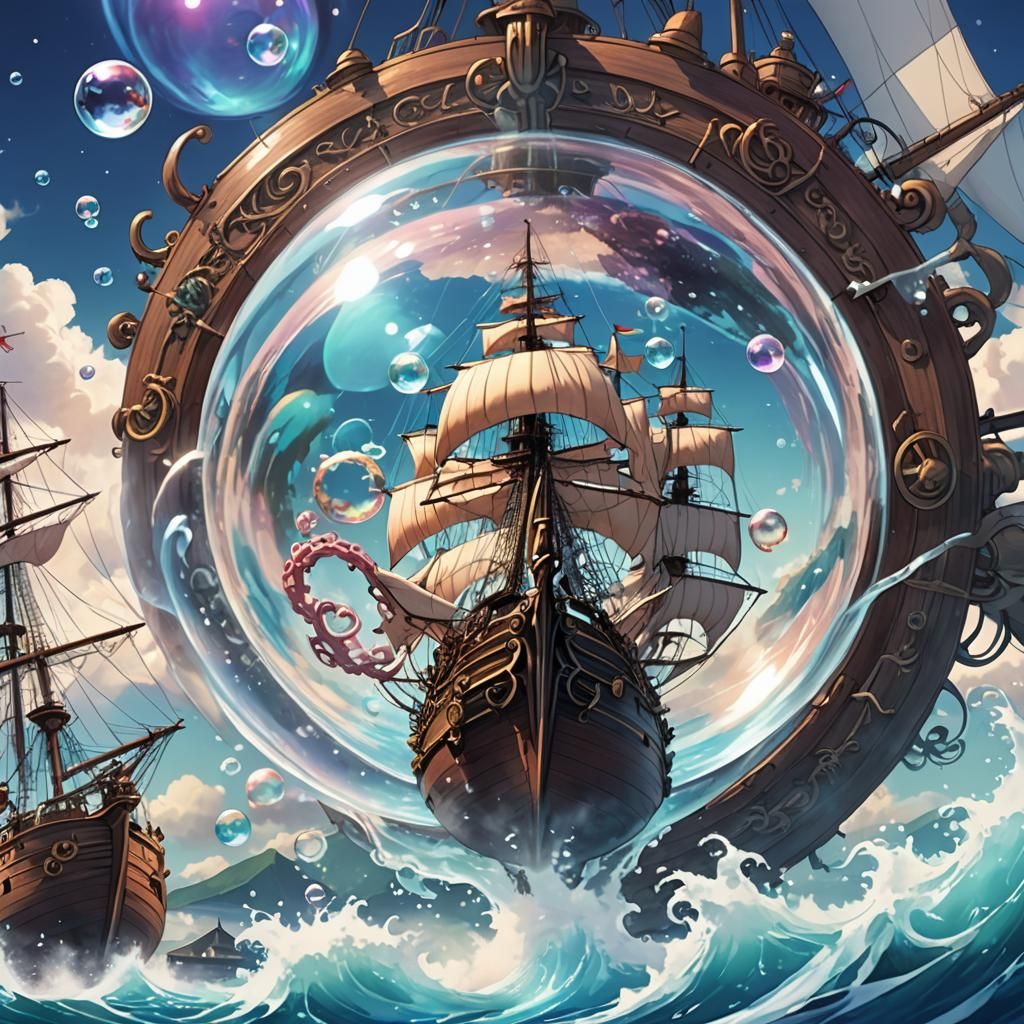 Vibrant Anime Kraken in Levitating Bubble