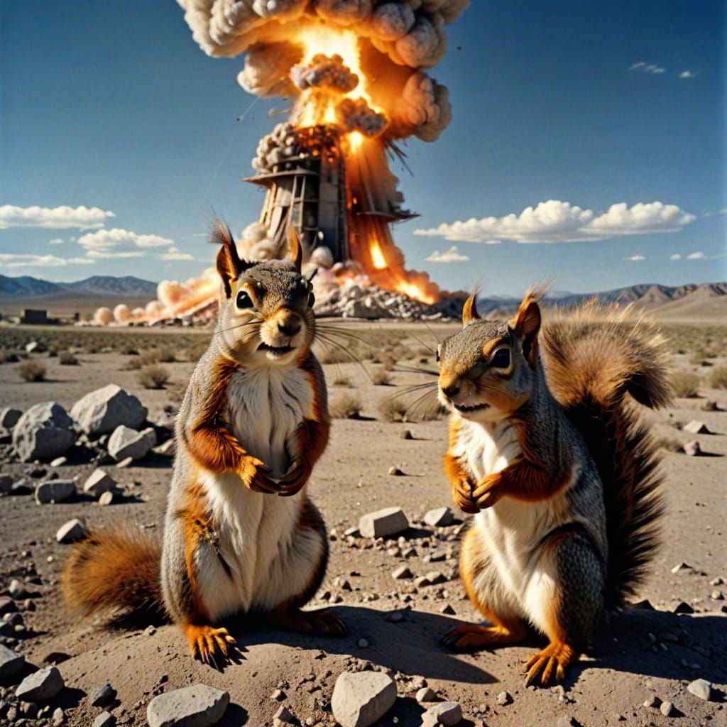 Historic Nuclear Test Site Scene with Squirrel and Scientist...