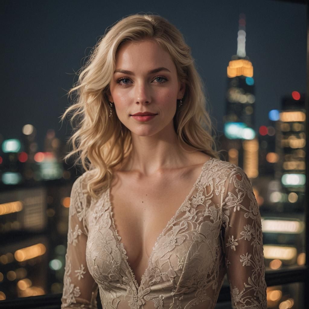 Blonde Woman in Lace Gown Posing After Wedding
