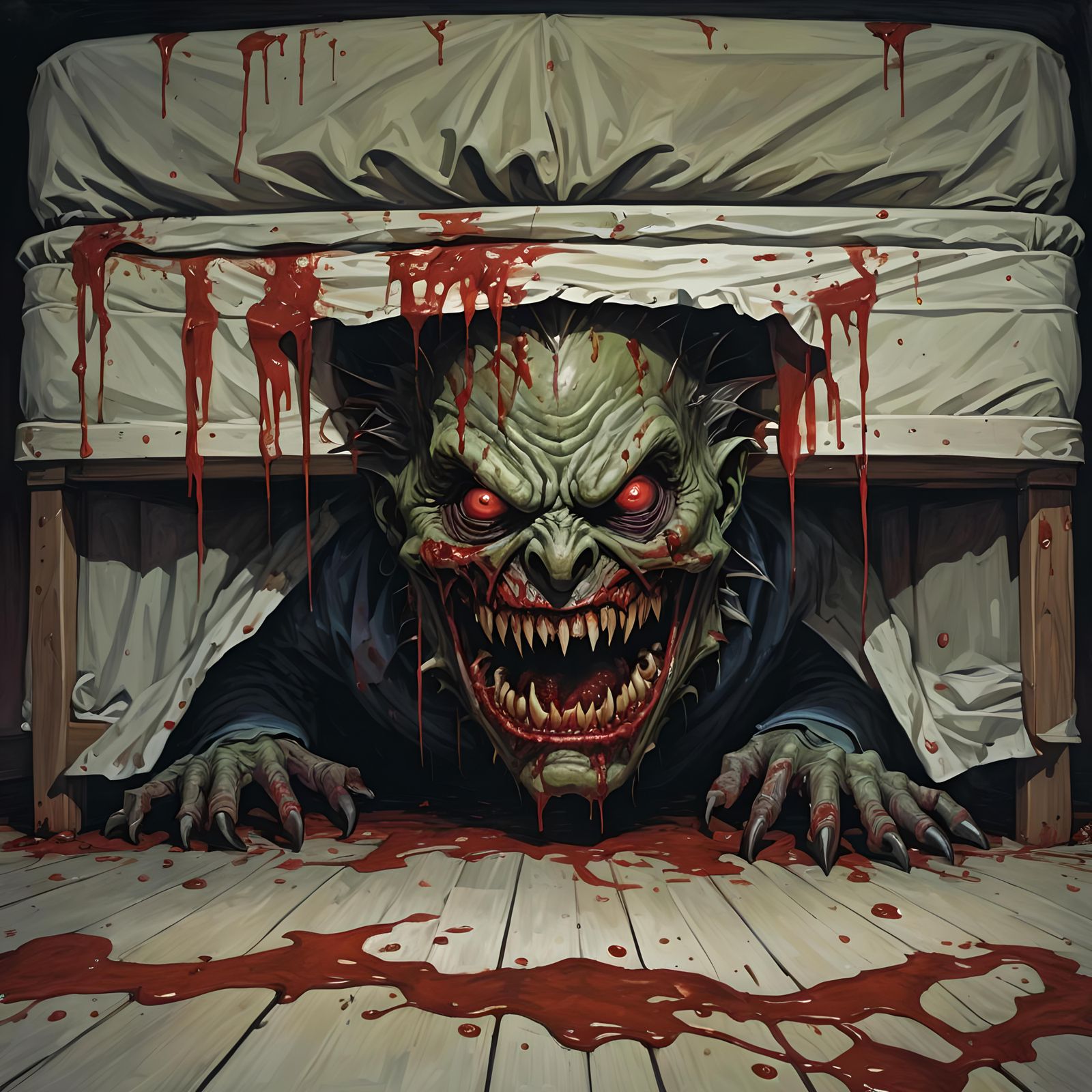 Creepy Monster Hiding Under Bloody Bed