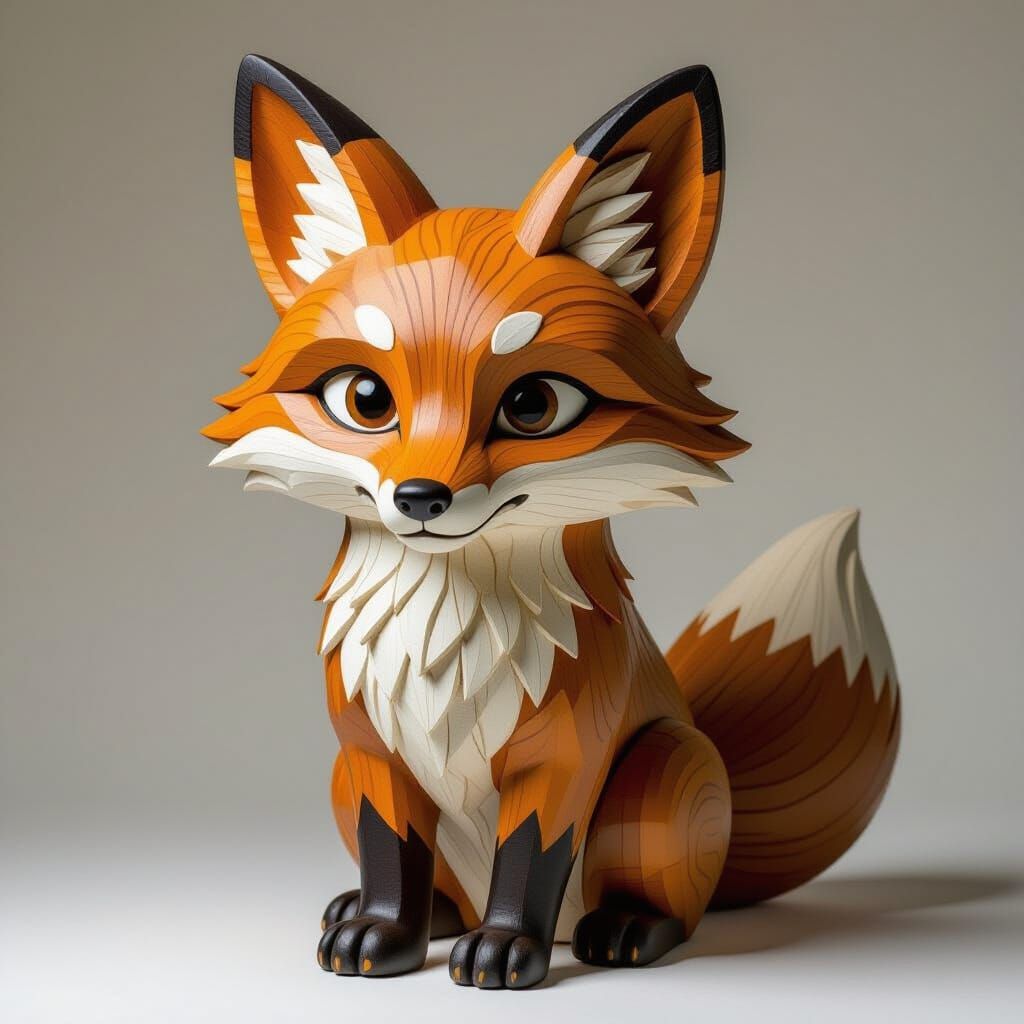Intricately Carved Wooden Fox Sculpture in Superflat Style