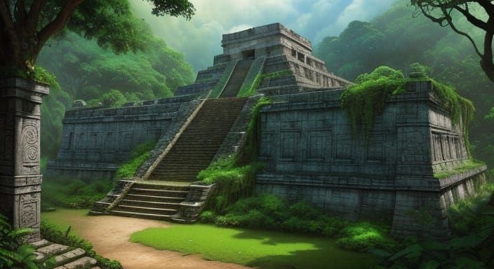 Majestic Mayan Temple in Whimsical Watercolor Style