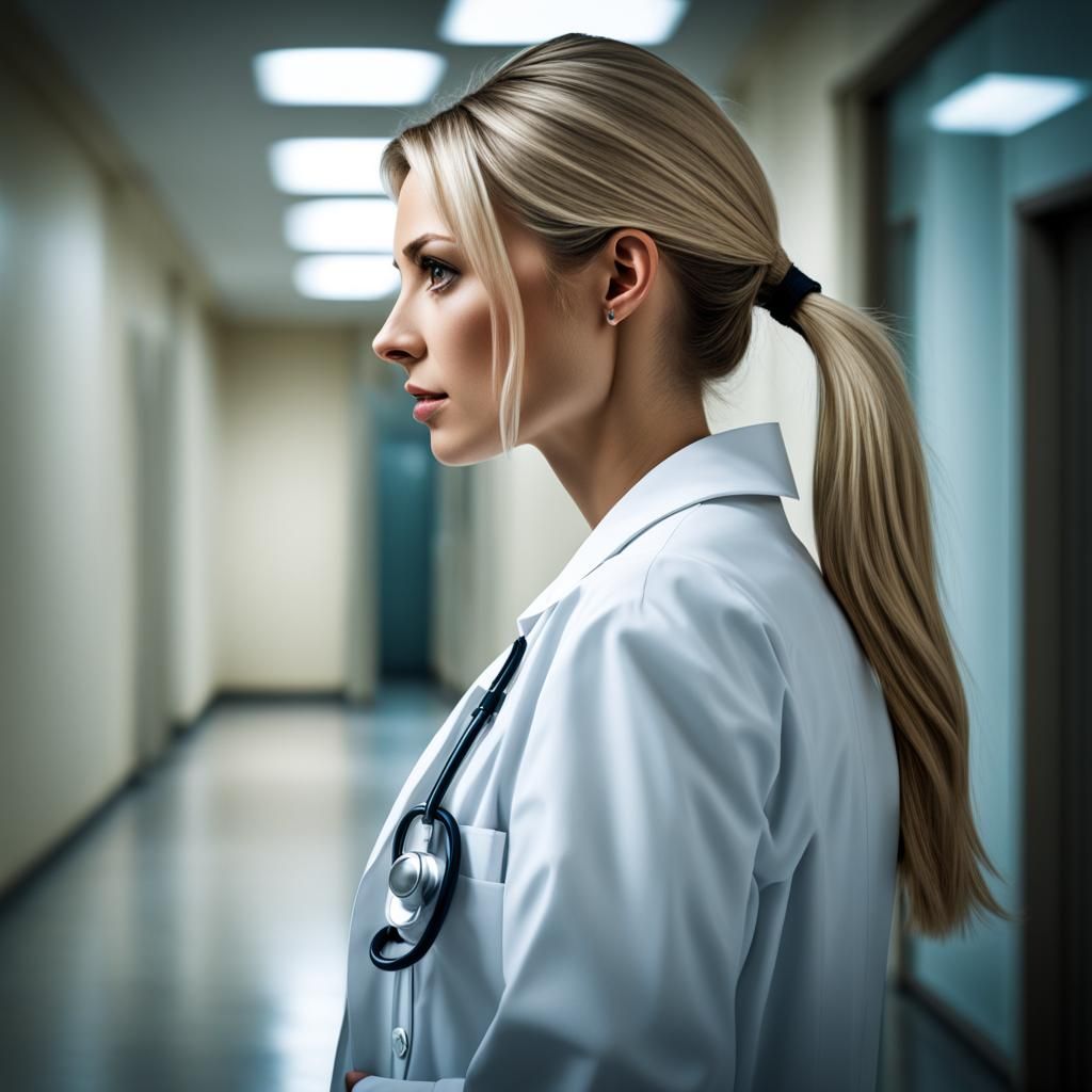 Blonde Doctor in Hospital Corridor: Hyperrealistic Portrait
