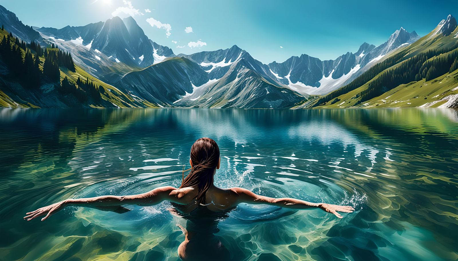 Girl Swimming in Clear Alpine Lake: Hyperrealistic Splash Ar...
