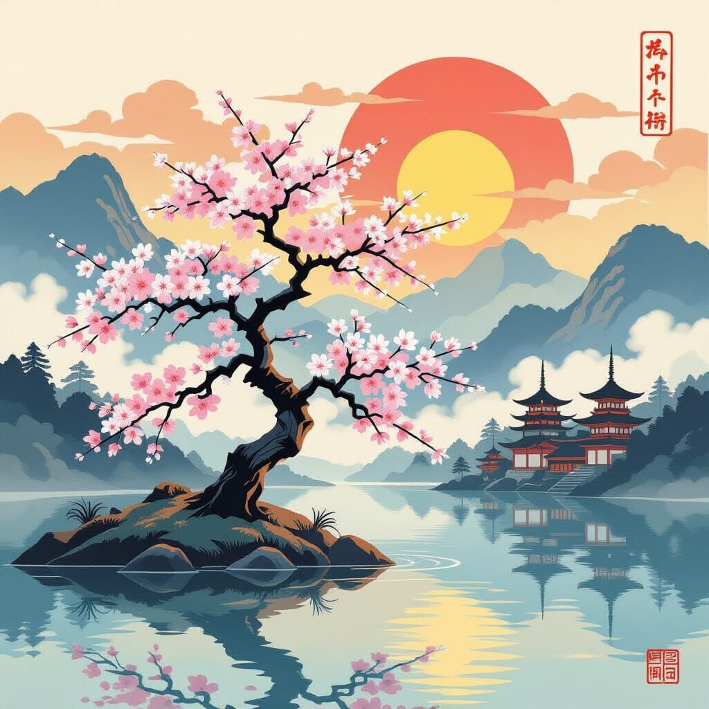 Sakura Tree on Island in Japanese Woodblock Print Style