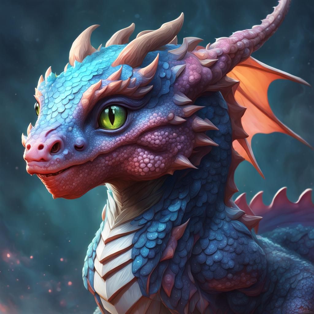 Cute Baby Dragon Portrait in Hyperdetailed Style