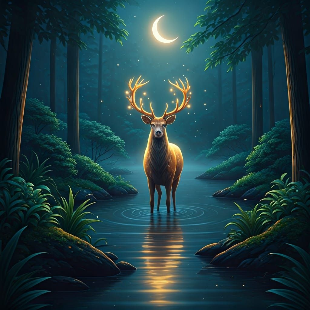 Ethereal Glowing Deer in Moonlit Lake
