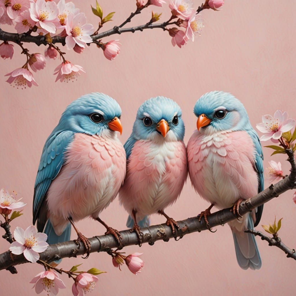 Lovebirds on Cherry Blossom Branch in Pastel Hues