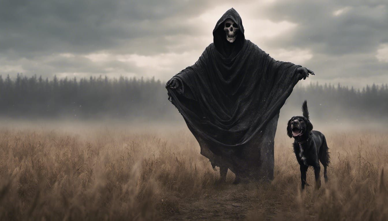 Reaper Plays with Happy Dog in Misty Field