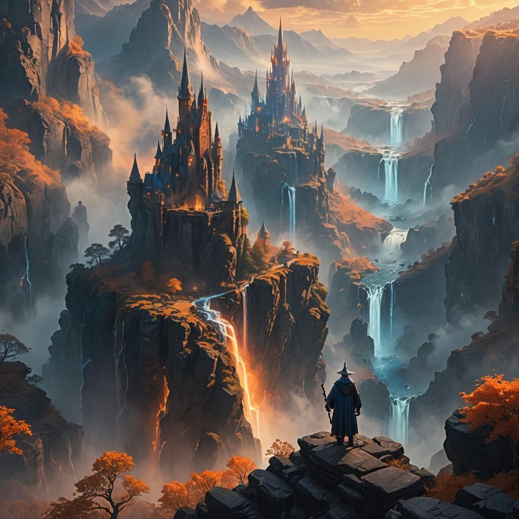Wizard Overlooking Mystical Realm in Digital Art Style