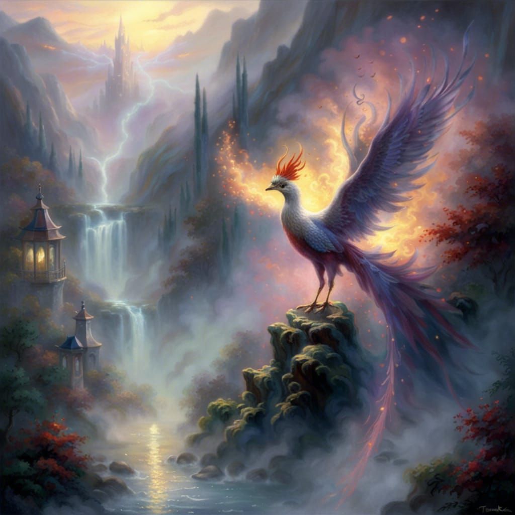 Ethereal Phoenix in a Thomas Kinkade Fantasy