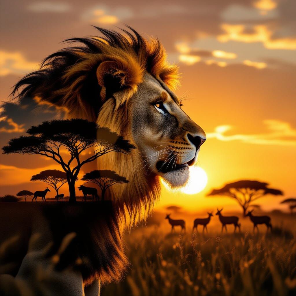 Lion Silhouette Merges with African Sunset Savanna