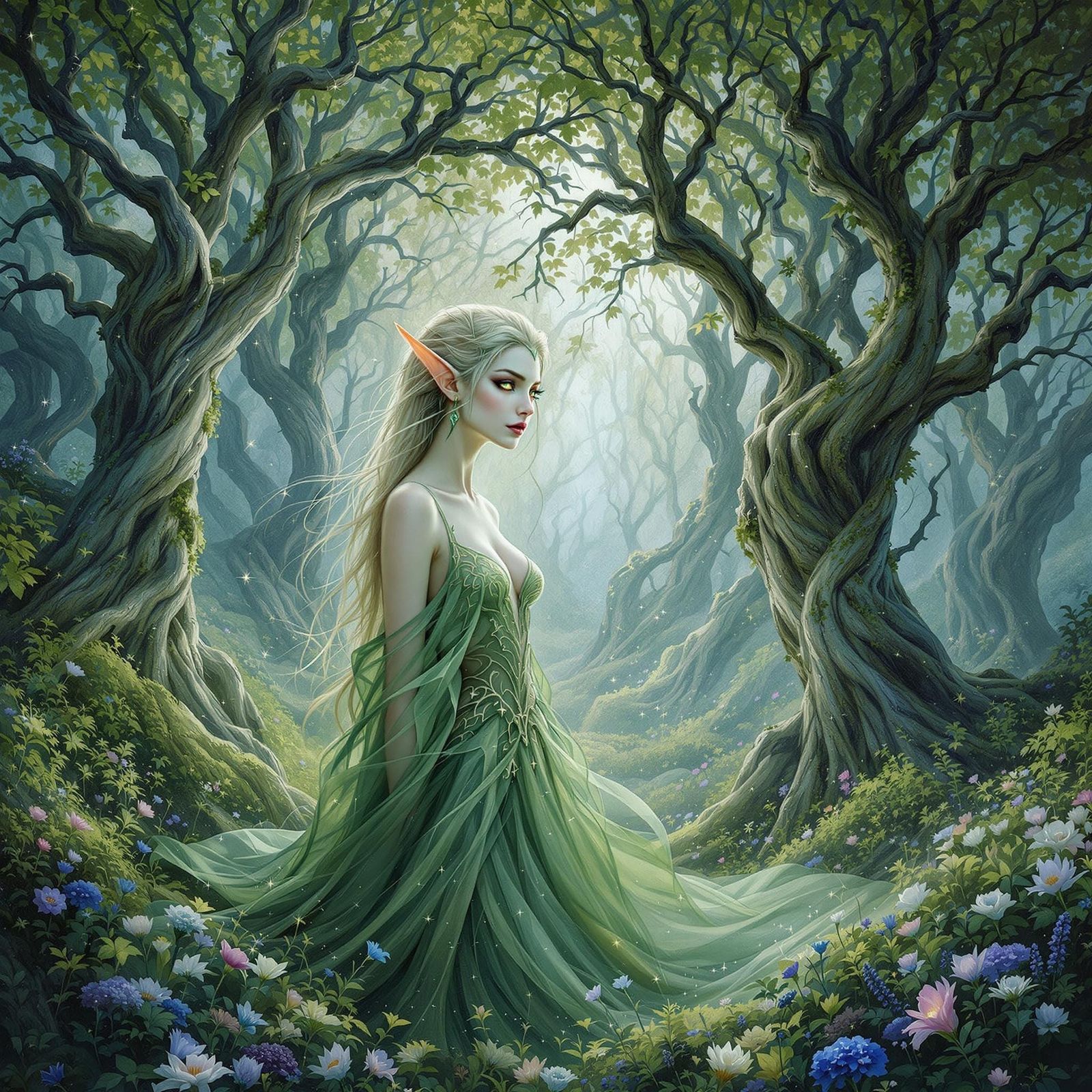 Enchanted Elven Woman in Mystical Forest