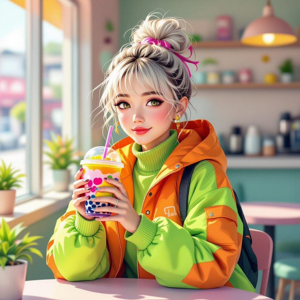 Girl with Boba Drink in Whimsical Style