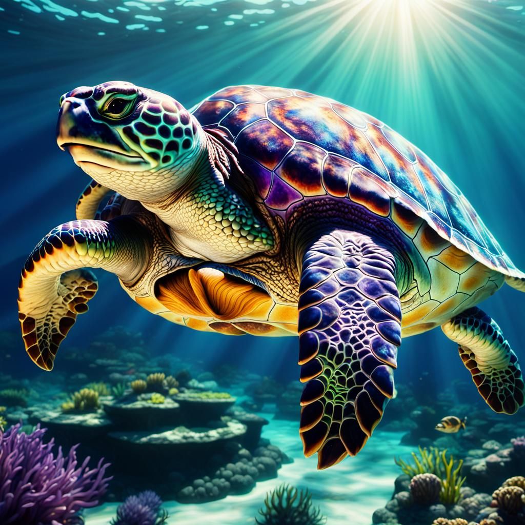 Prismatic Sea Turtle in Sunlight, Photorealistic 8K
