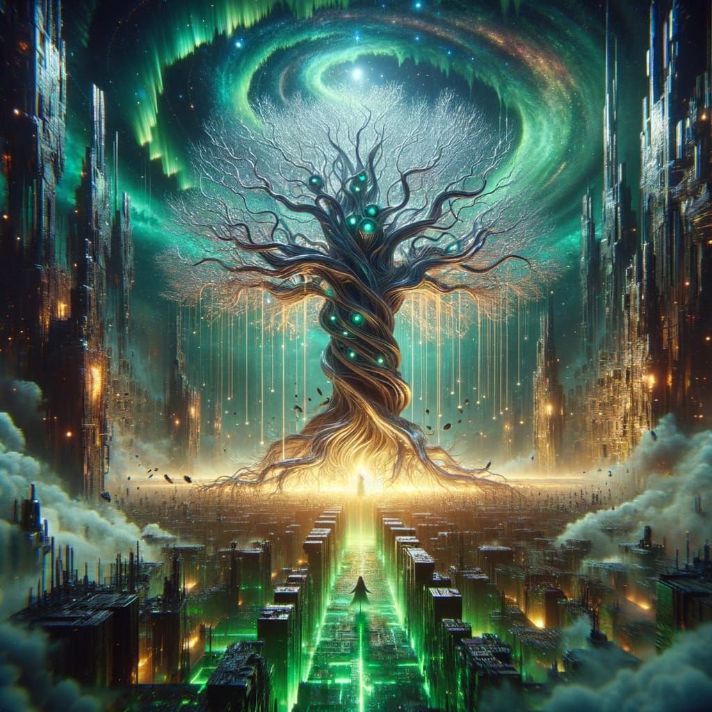 Epic Liquid Mercury Tree in a Post-Apocalyptic Cityscape