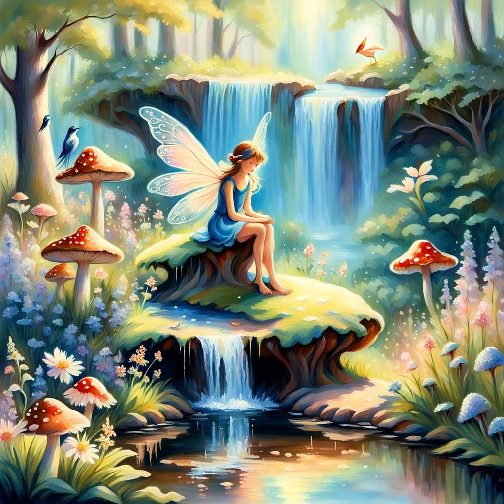 Enchanted Fairyland Forest, waterfall, pond, wildflowers, bi...