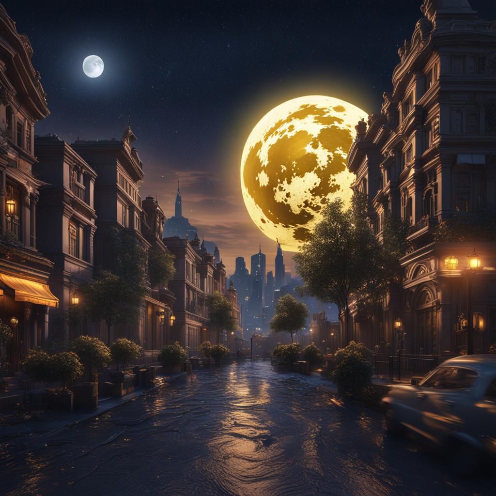 Moonlit Cityscape Under Starry Night Sky