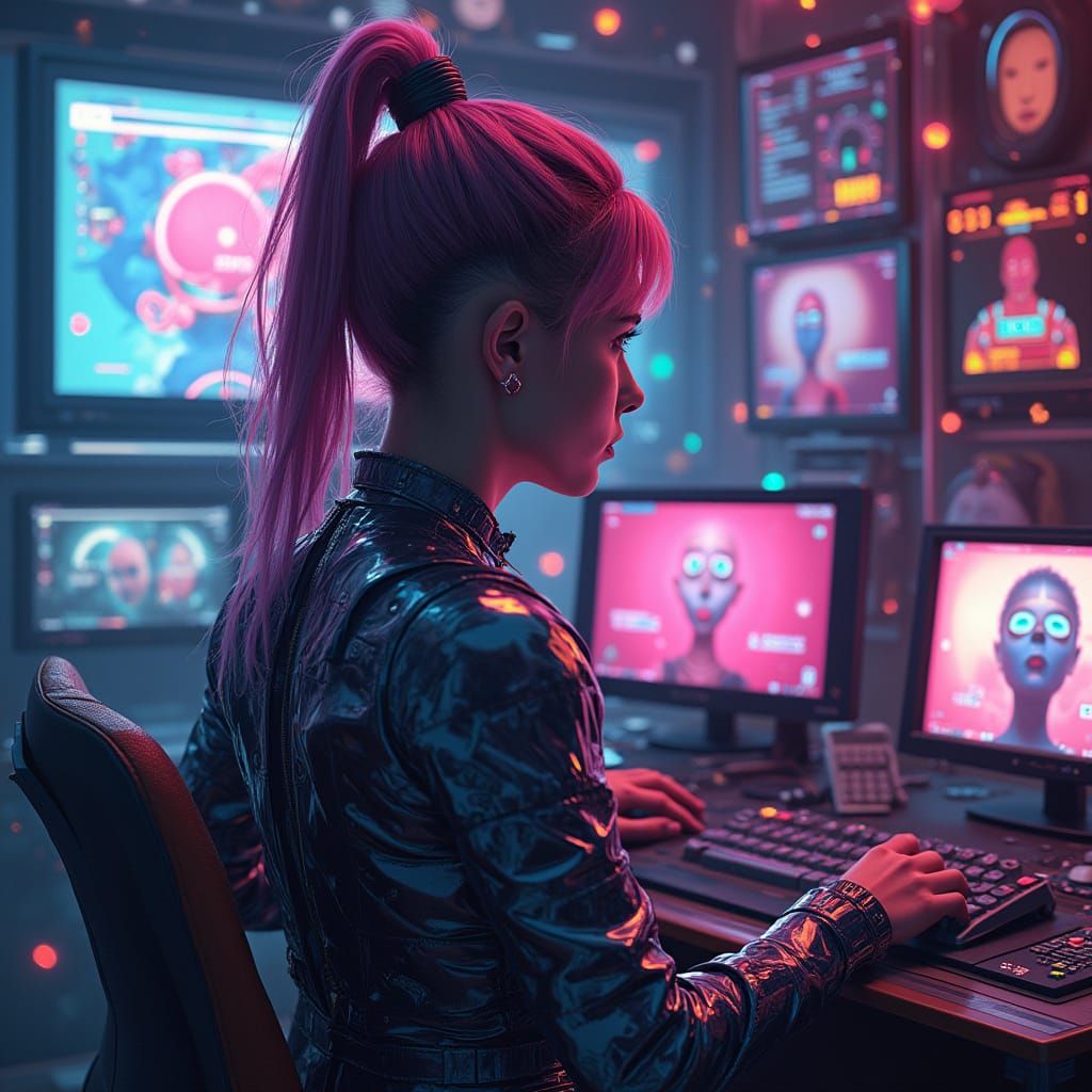 Futuristic Woman Embraces AI in Cyberpunk Neon City