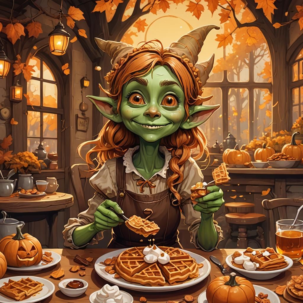 Goblin Girl's Whimsical Waffle Feast: Fantasy Illustration