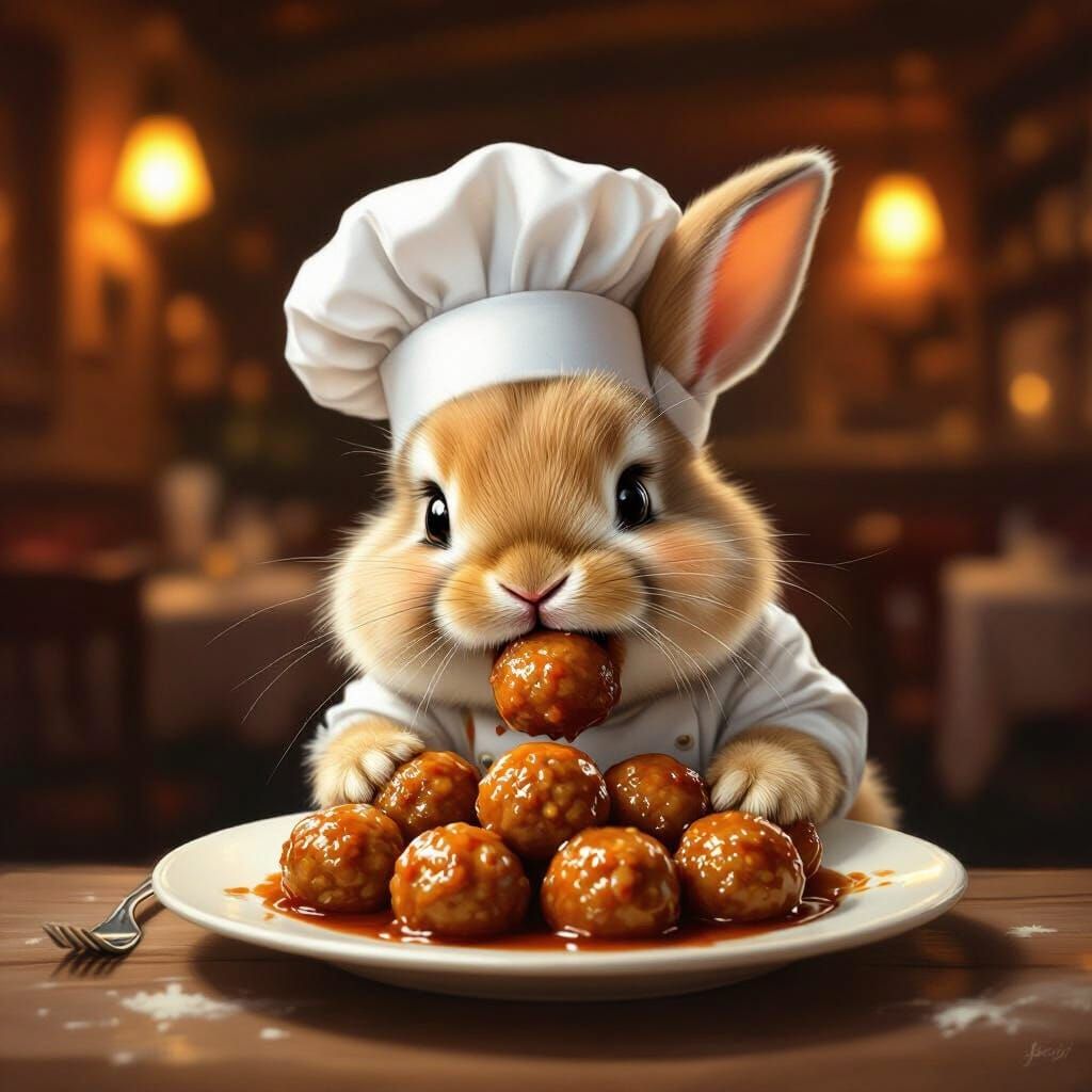 Bunny Chef Enjoys Meatballs in Italian Trattoria