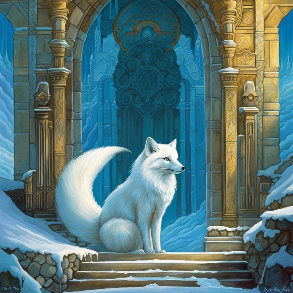 Arctic Fox Spirit Guarding Icy Temple, Ligne Claire Art