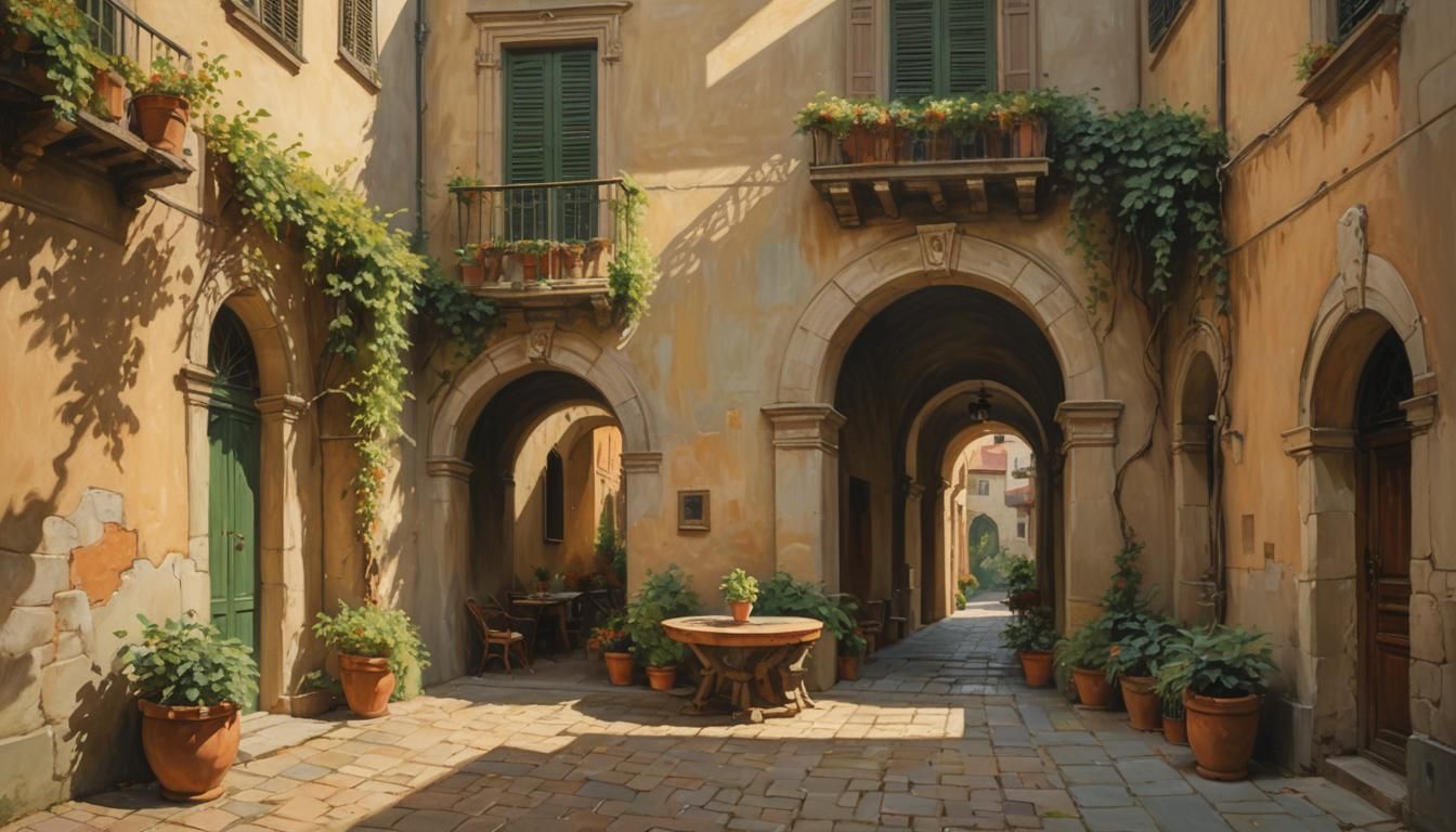 Impressionist Italian Courtyard in Warm Golden Light