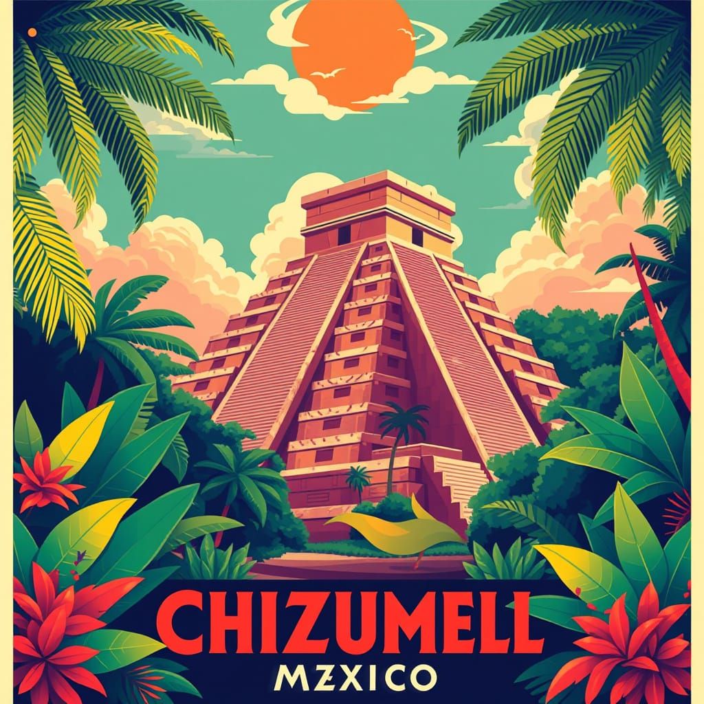 Chichen Itza and Cozumel in Vintage Travel Poster Style