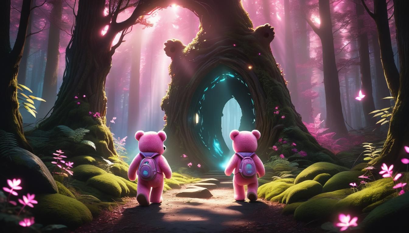 Teddy Bear and Girl Enter Magical Portal