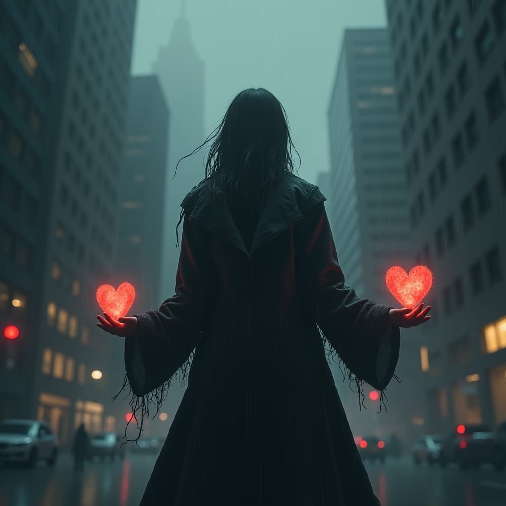 Ethereal Hearts Offered in Dark Cityscape