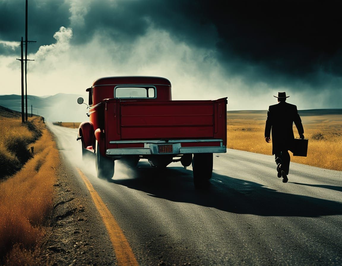 Man Flees Red Truck in Dark Film Noir Landscape