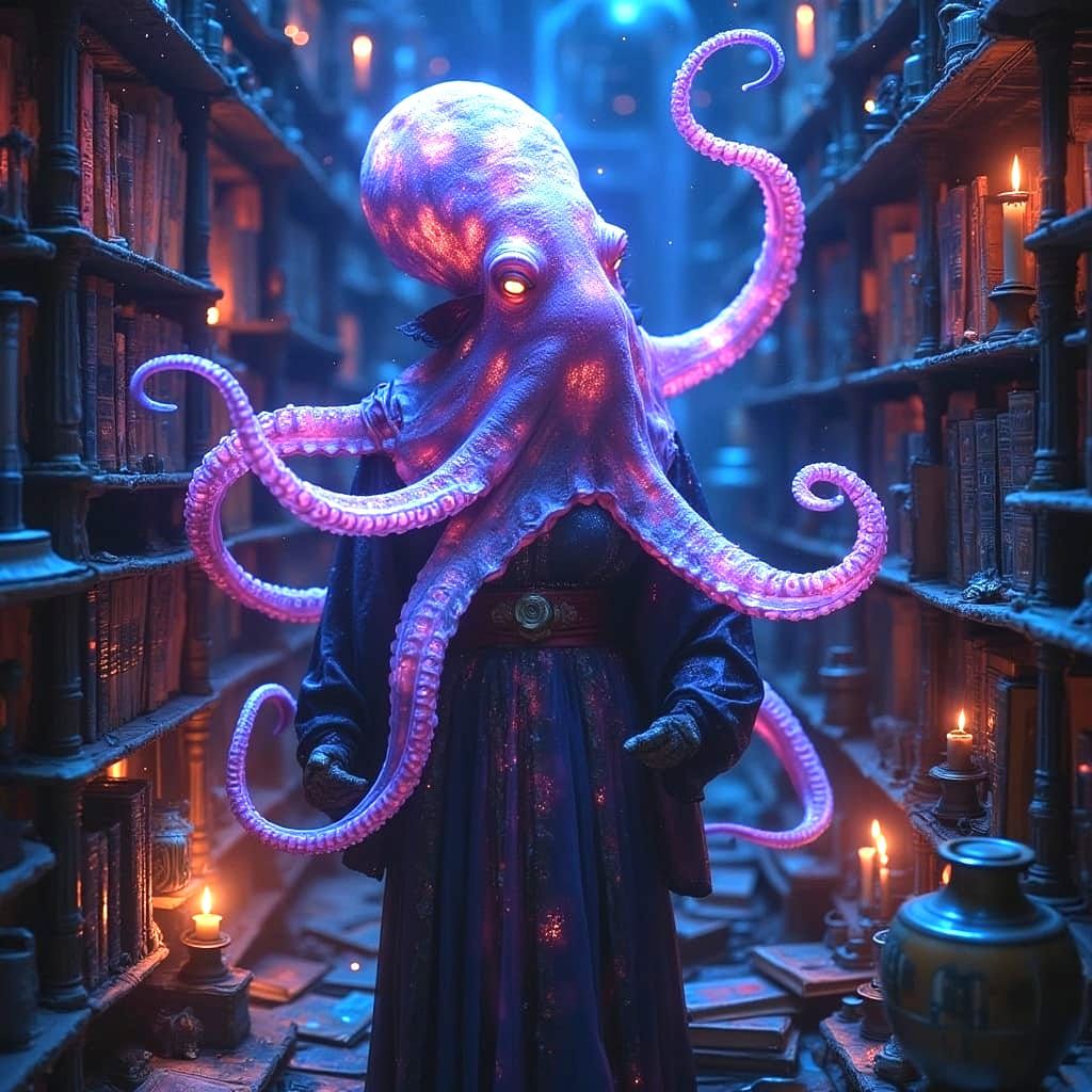 Underwater Kraken in Bioluminescent Library