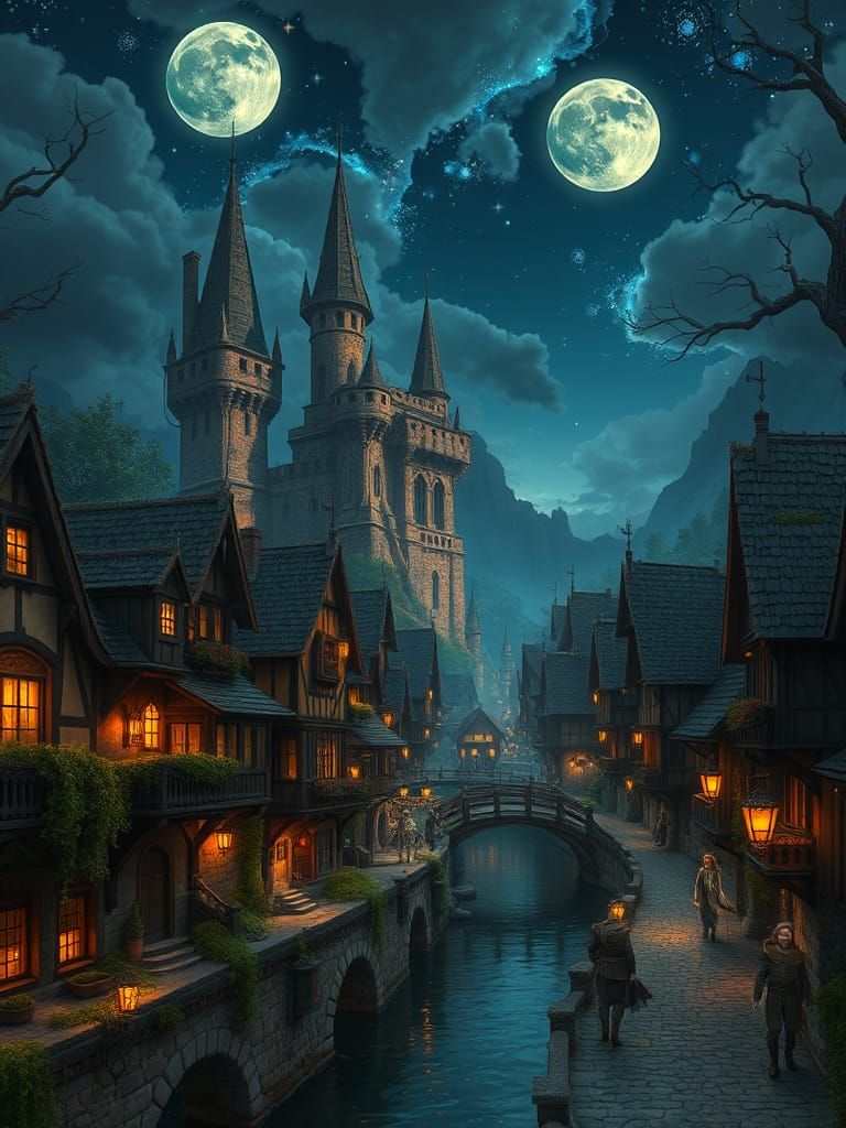 Fantasy Medieval Town Under a Magical Night Sky