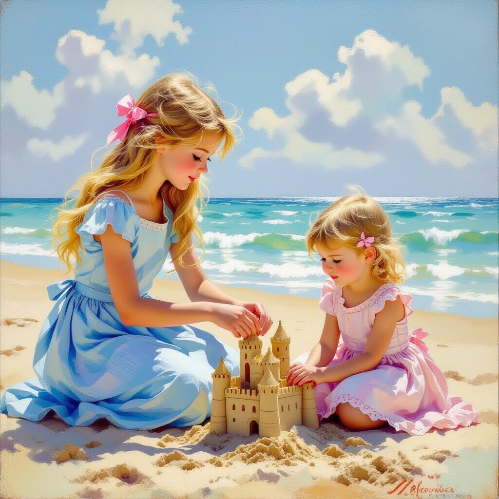 Sisters Building Sandcastle in Impressionistic Style