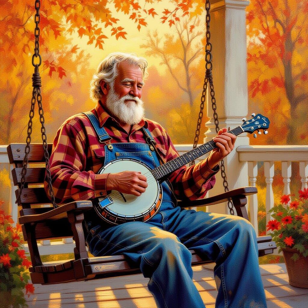 Wise Old Man Plays Banjo on Autumn Porch